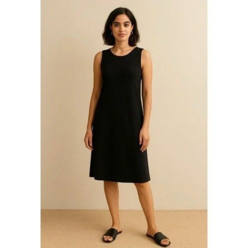 Eileen Fisher Dress Womens Sz XL Black Ribbed Tunic Tank Sleeveless‎ Side Slit